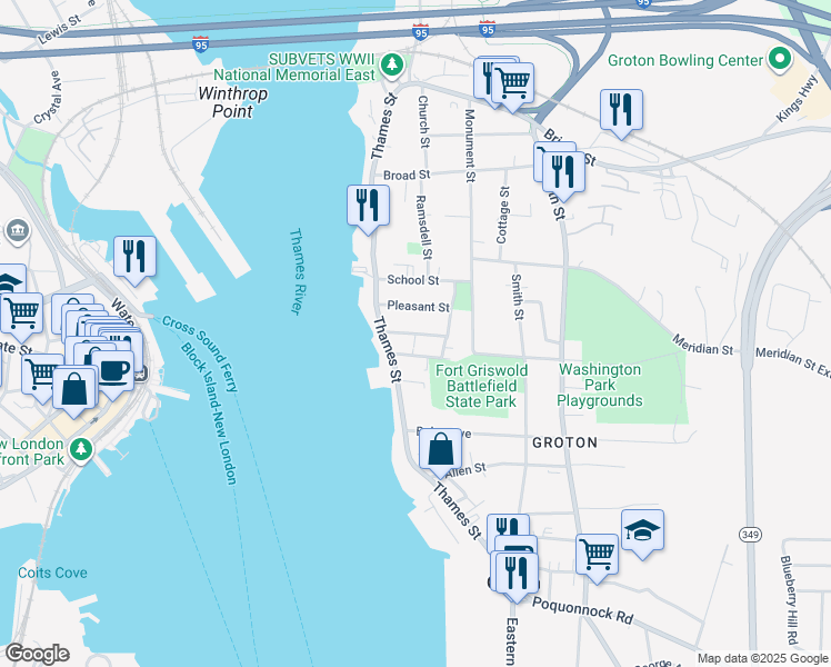 map of restaurants, bars, coffee shops, grocery stores, and more near Latham Street in Groton