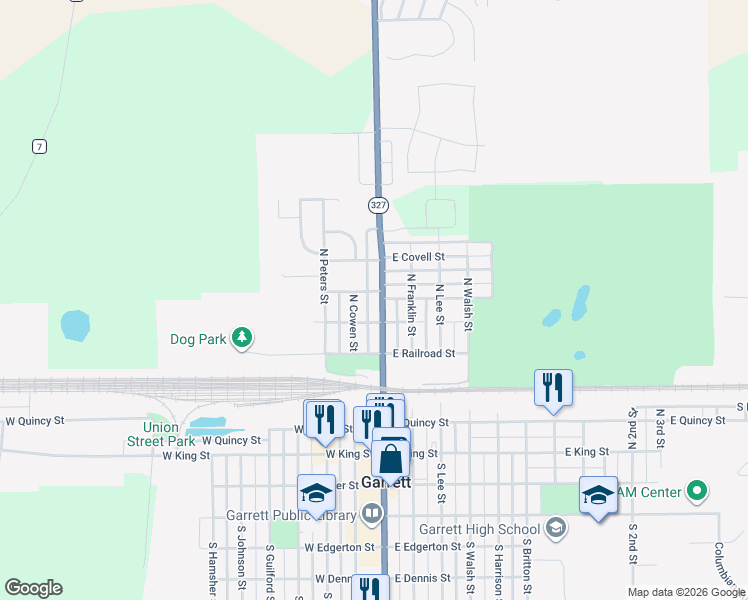 map of restaurants, bars, coffee shops, grocery stores, and more near 513 North Randolph Street in Garrett