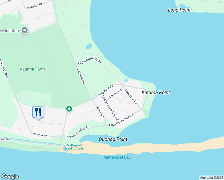 map of restaurants, bars, coffee shops, grocery stores, and more near 24 Katama Bay View Road in Edgartown