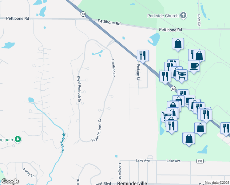 map of restaurants, bars, coffee shops, grocery stores, and more near 7433 Merion Court in Solon