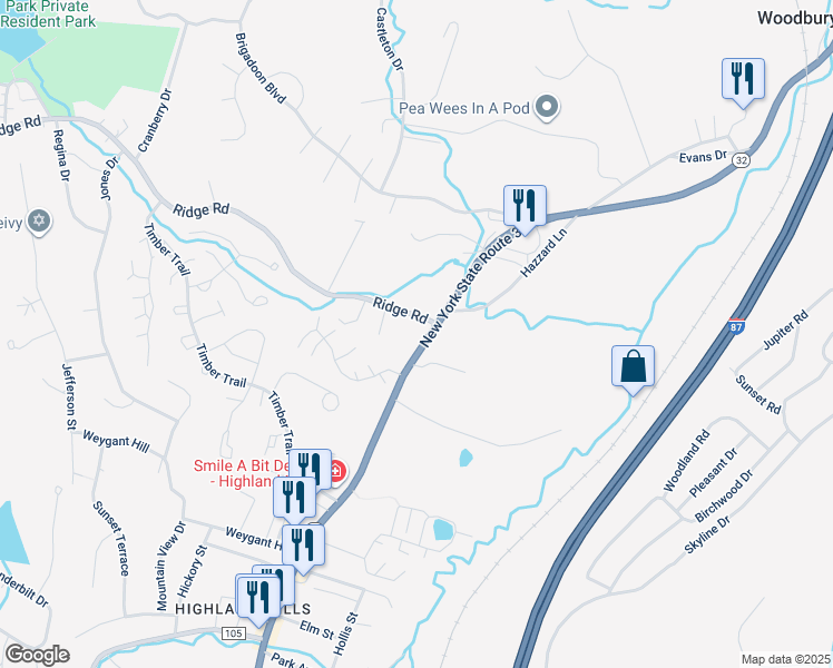 map of restaurants, bars, coffee shops, grocery stores, and more near 643 New York 32 in Woodbury