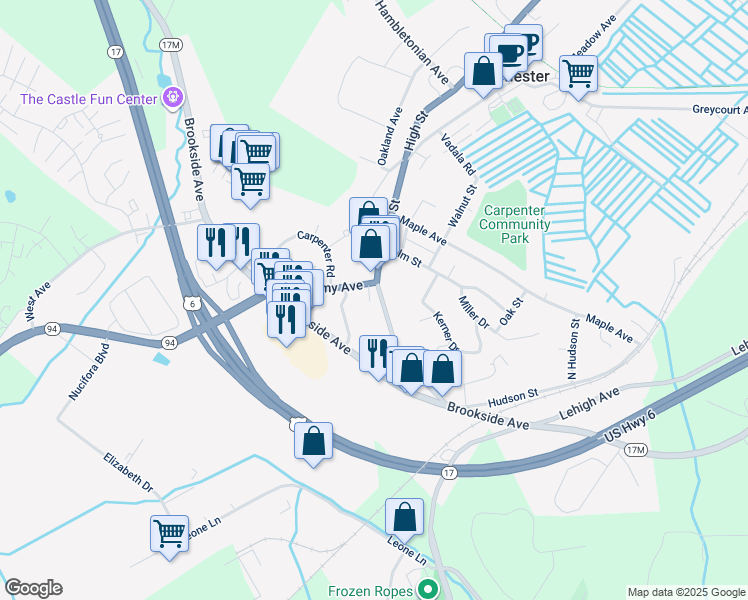 map of restaurants, bars, coffee shops, grocery stores, and more near 149 Main Street in Chester