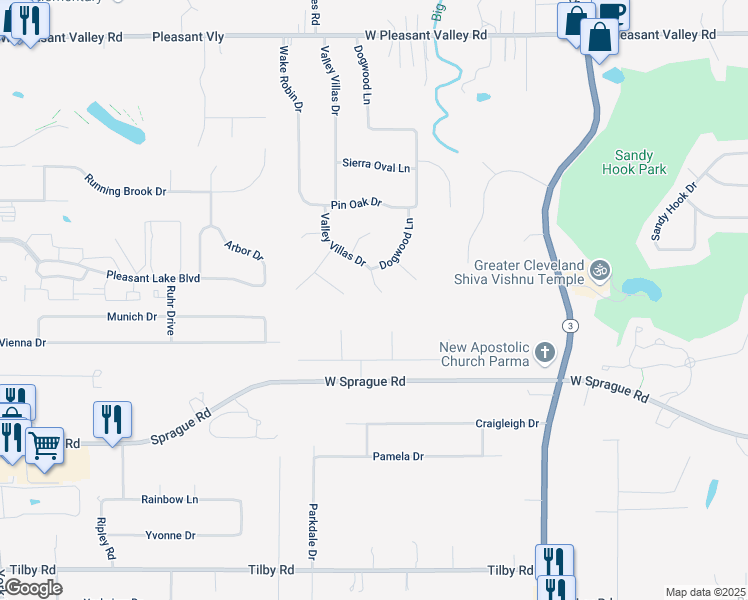 map of restaurants, bars, coffee shops, grocery stores, and more near 7955 Oakbrook Oval in Cleveland