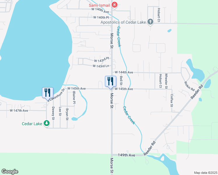 map of restaurants, bars, coffee shops, grocery stores, and more near 14505 Morse Street in Cedar Lake