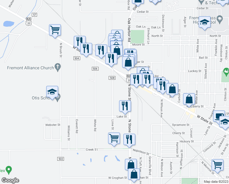 map of restaurants, bars, coffee shops, grocery stores, and more near 733 Lime Street in Fremont