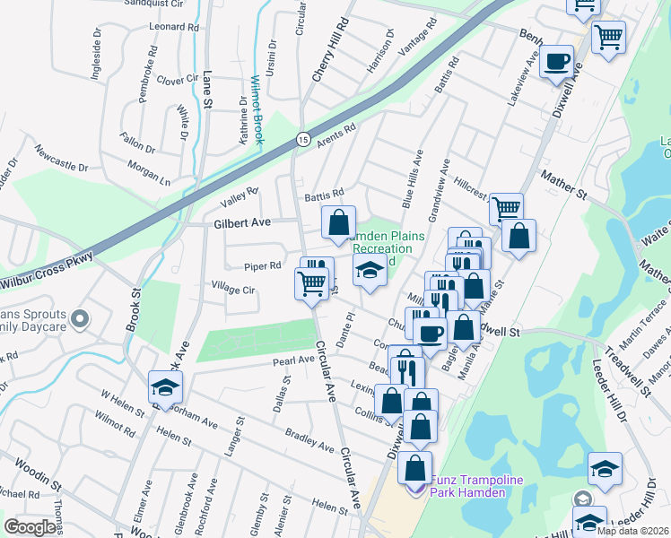 map of restaurants, bars, coffee shops, grocery stores, and more near 321 Circular Avenue in Hamden