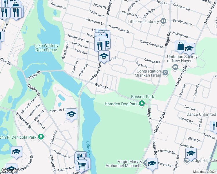 map of restaurants, bars, coffee shops, grocery stores, and more near 196 Waite Street in Hamden