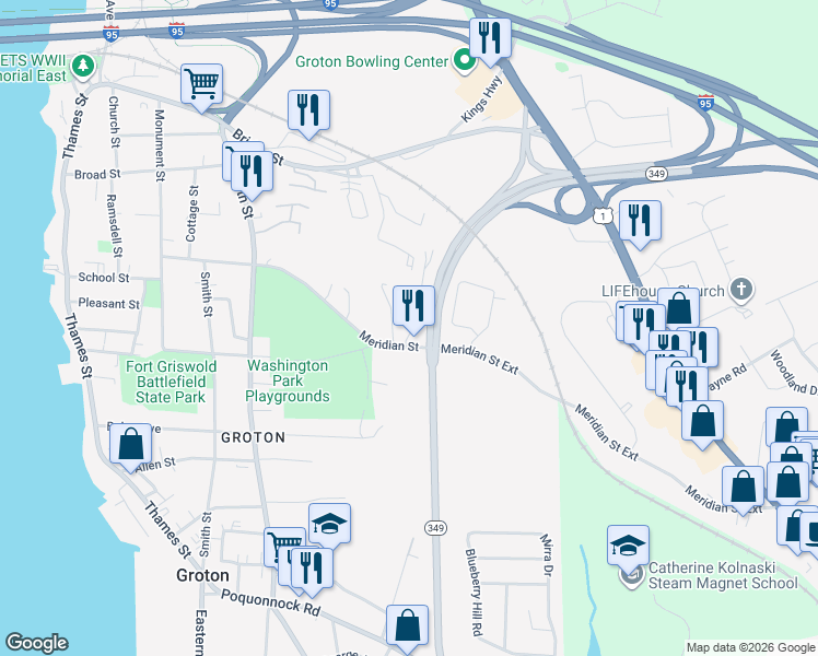 map of restaurants, bars, coffee shops, grocery stores, and more near 290 Meridian Street in Groton