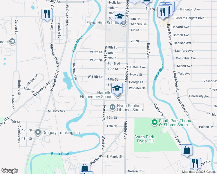map of restaurants, bars, coffee shops, grocery stores, and more near 358 12th Street in Elyria
