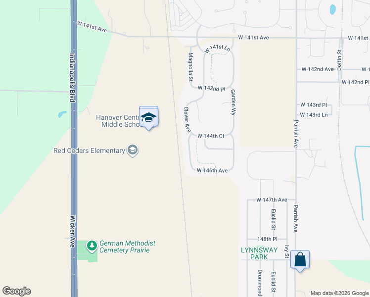 map of restaurants, bars, coffee shops, grocery stores, and more near Clover Avenue in Cedar Lake