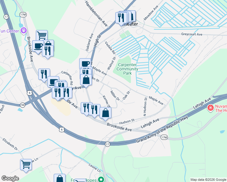 map of restaurants, bars, coffee shops, grocery stores, and more near 6 Miller Drive in Chester