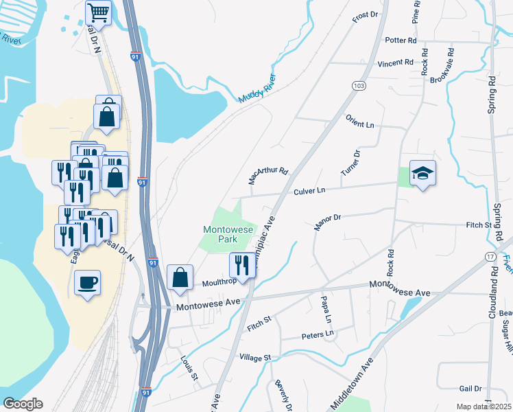 map of restaurants, bars, coffee shops, grocery stores, and more near 300 Quinnipiac Avenue in North Haven