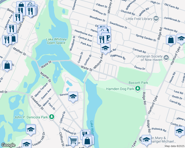 map of restaurants, bars, coffee shops, grocery stores, and more near 18 Walden Street in Hamden
