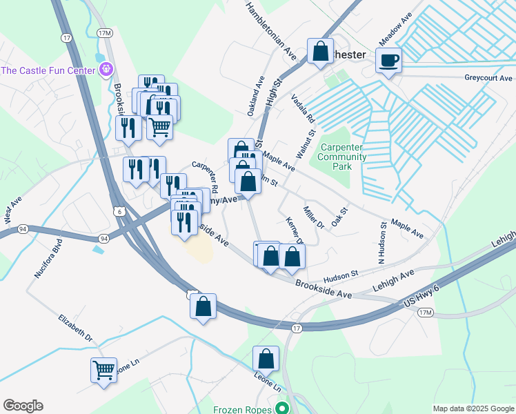 map of restaurants, bars, coffee shops, grocery stores, and more near 149 Main Street in Chester