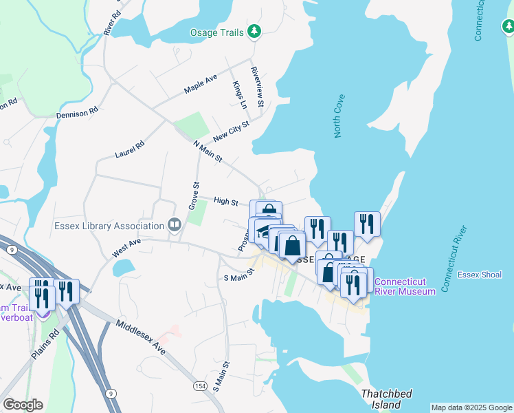 map of restaurants, bars, coffee shops, grocery stores, and more near 2 Prospect Street in Essex