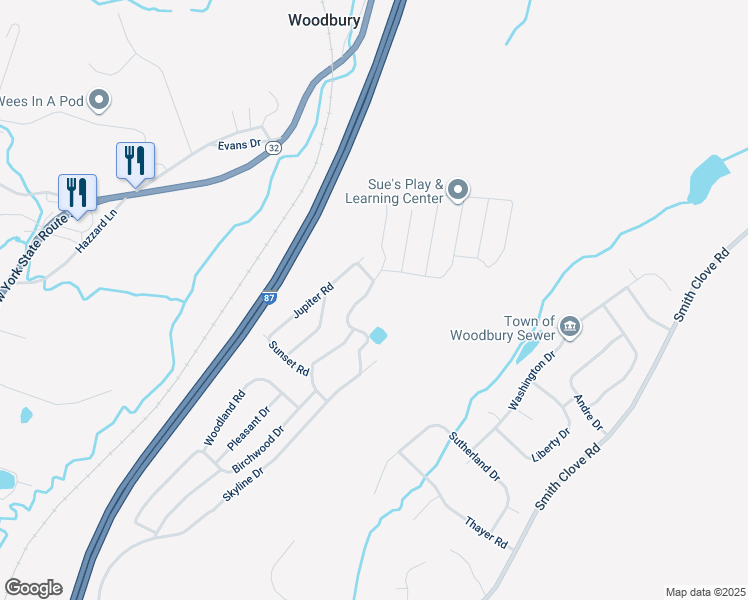 map of restaurants, bars, coffee shops, grocery stores, and more near 232 Skyline Drive in Woodbury