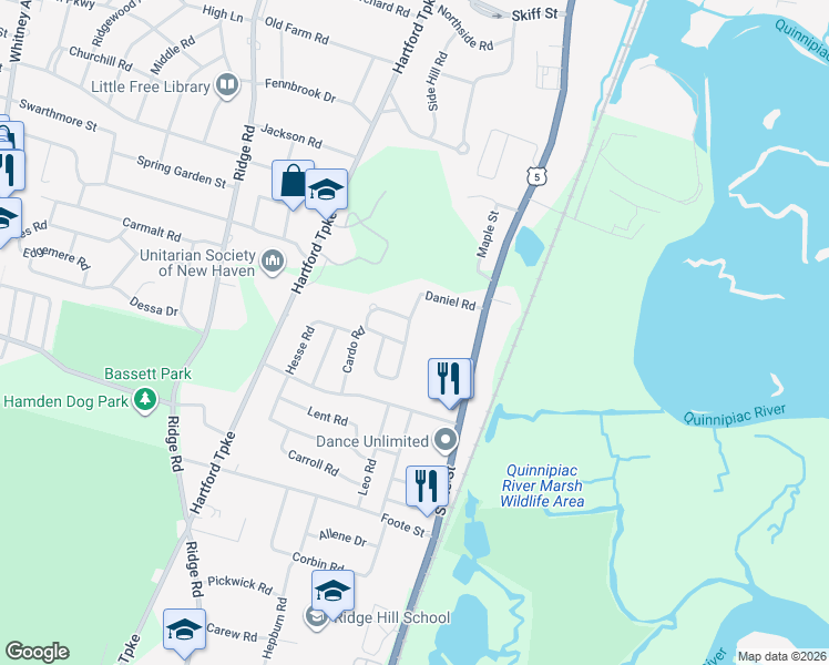 map of restaurants, bars, coffee shops, grocery stores, and more near 135 Daniel Road in Hamden