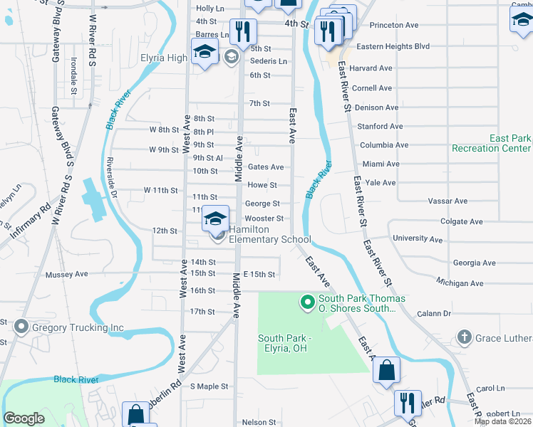 map of restaurants, bars, coffee shops, grocery stores, and more near 226 Wooster Street in Elyria