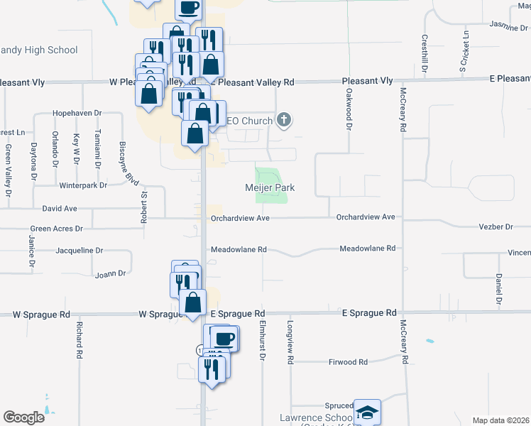 map of restaurants, bars, coffee shops, grocery stores, and more near 361 Orchardview Road in Seven Hills