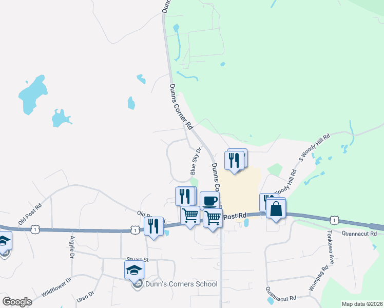 map of restaurants, bars, coffee shops, grocery stores, and more near 1 Blue Sky Dr in Westerly