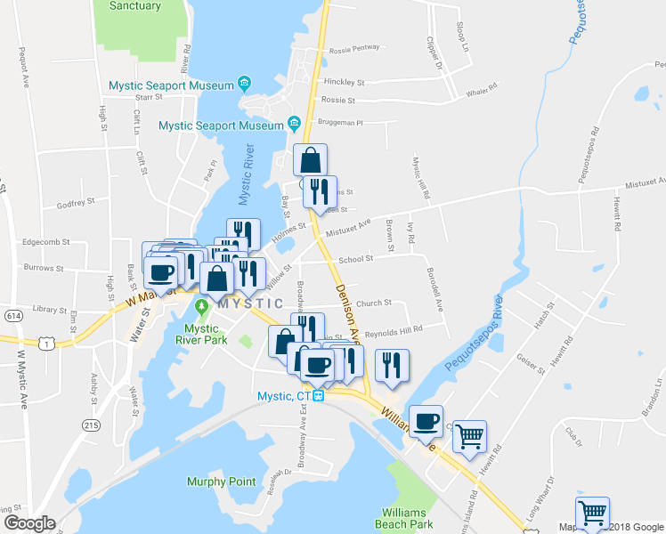 map of restaurants, bars, coffee shops, grocery stores, and more near 72 Denison Avenue in Stonington