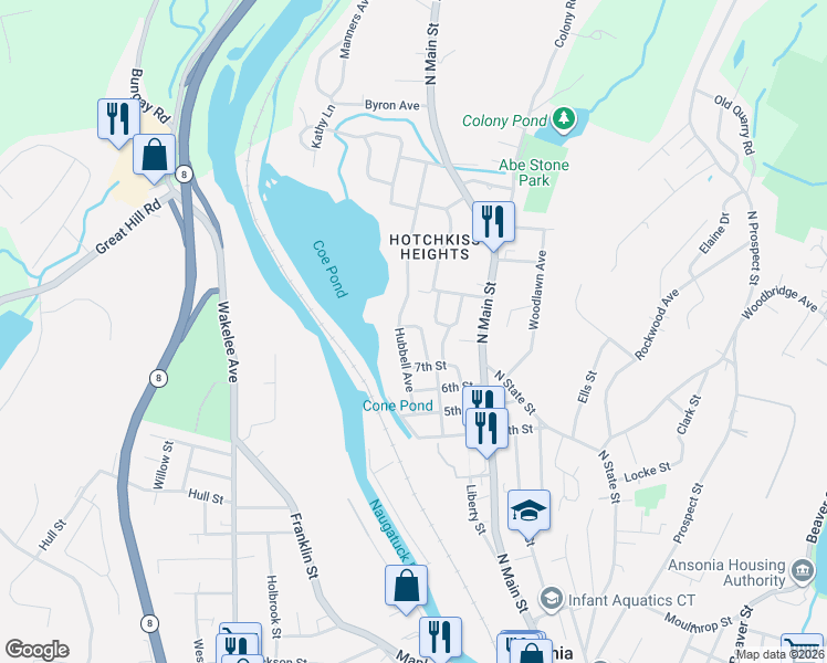 map of restaurants, bars, coffee shops, grocery stores, and more near 25 Nolan Road in Ansonia