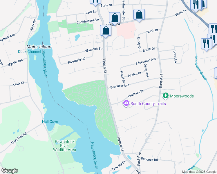 map of restaurants, bars, coffee shops, grocery stores, and more near 6 London Plane Court in Westerly