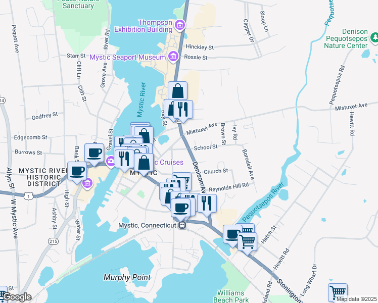 map of restaurants, bars, coffee shops, grocery stores, and more near 1853 Denison Avenue in Stonington