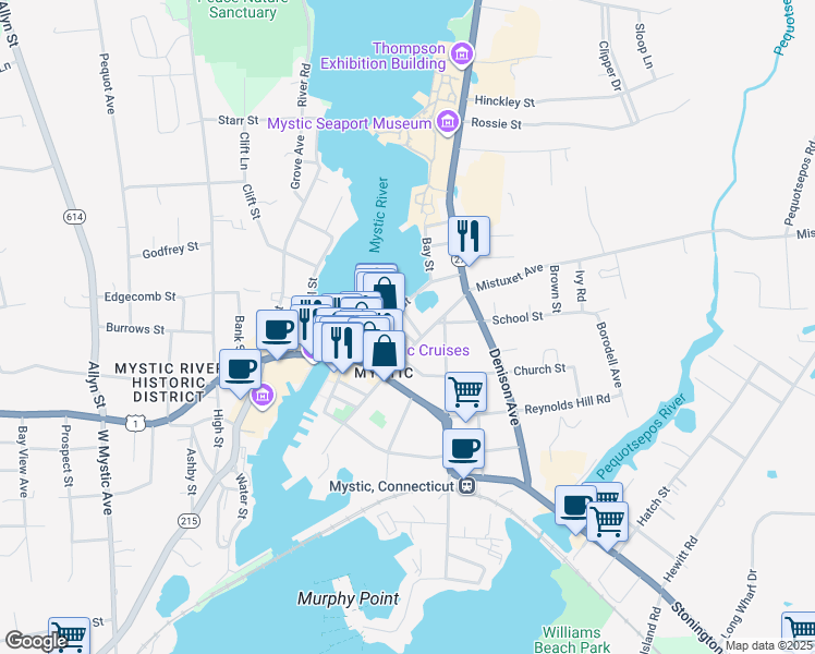 map of restaurants, bars, coffee shops, grocery stores, and more near 18 Wall Street in Stonington
