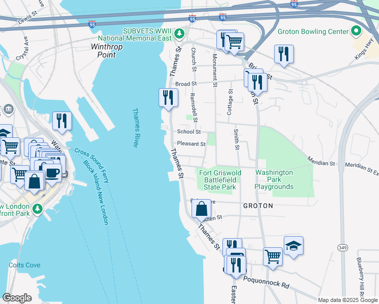 map of restaurants, bars, coffee shops, grocery stores, and more near 300 Thames Street in Groton