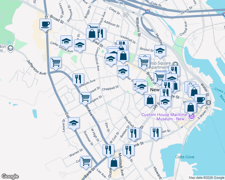 map of restaurants, bars, coffee shops, grocery stores, and more near 29 Garfield Avenue in New London