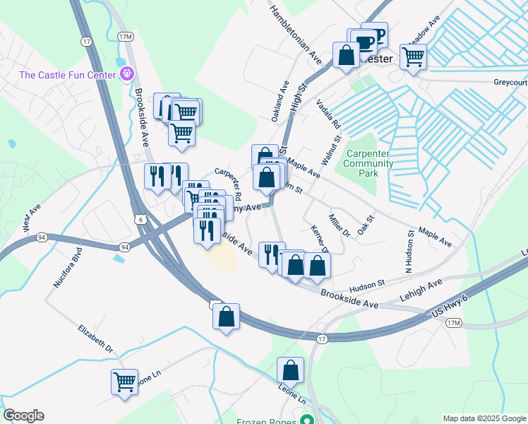 map of restaurants, bars, coffee shops, grocery stores, and more near 5 Moffatt Lane in Chester