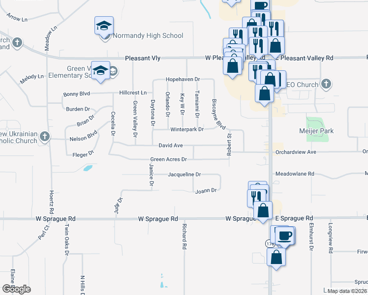 map of restaurants, bars, coffee shops, grocery stores, and more near 1760 Green Acres Drive in Parma