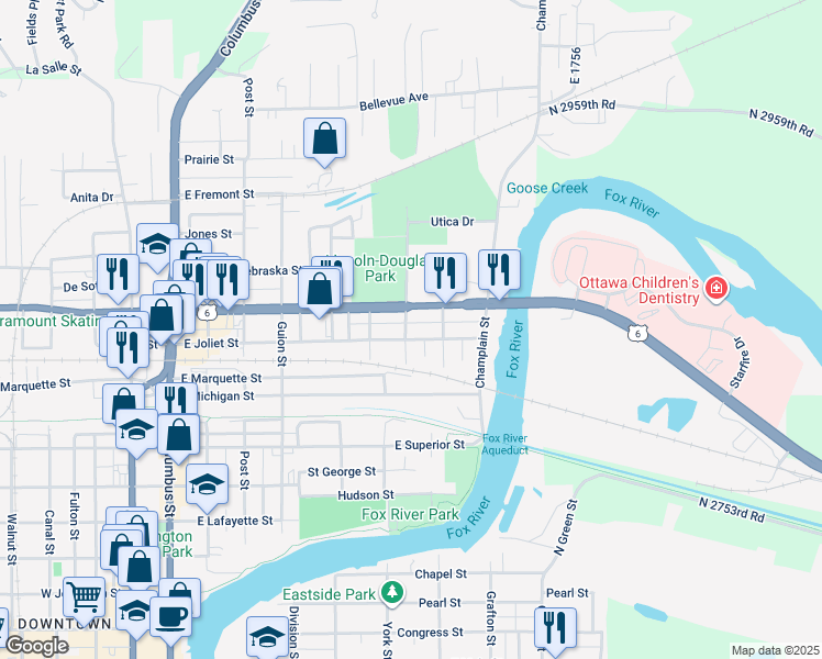 map of restaurants, bars, coffee shops, grocery stores, and more near 709 East Joliet Street in Ottawa