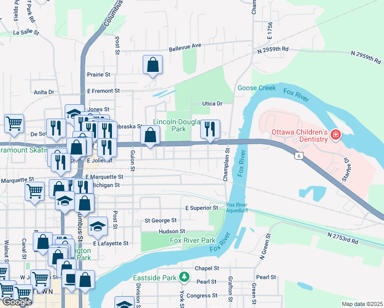 map of restaurants, bars, coffee shops, grocery stores, and more near 709 East Joliet Street in Ottawa