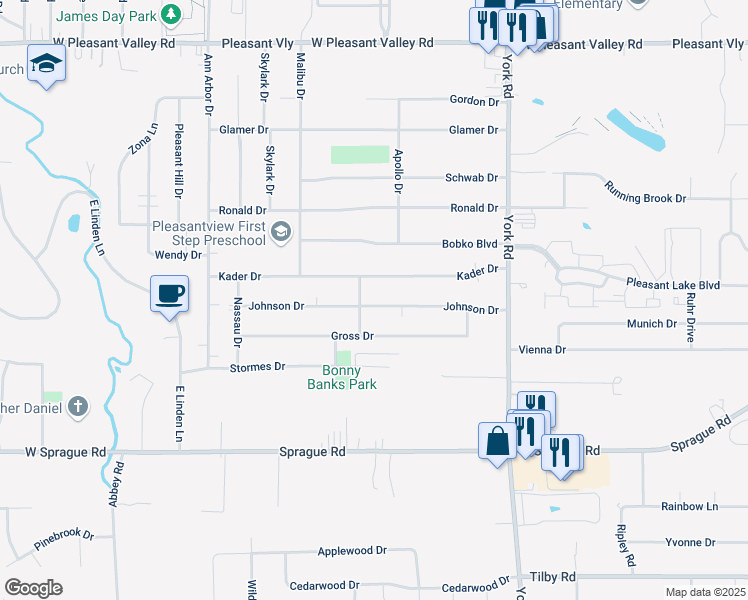 map of restaurants, bars, coffee shops, grocery stores, and more near 11244 Johnson Drive in Parma