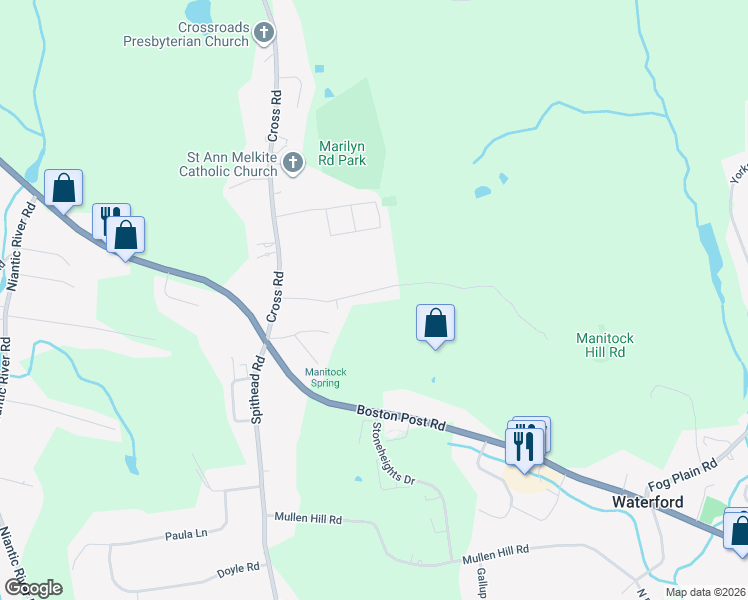 map of restaurants, bars, coffee shops, grocery stores, and more near 16 Sunniecrest Drive in Waterford