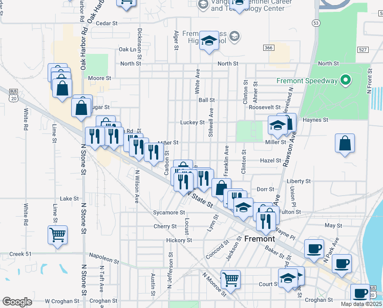 map of restaurants, bars, coffee shops, grocery stores, and more near 829 White Ave in Fremont