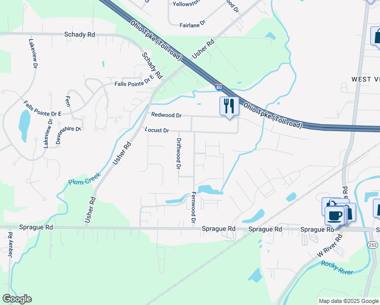 map of restaurants, bars, coffee shops, grocery stores, and more near 9472 Fernwood Drive in Olmsted Falls