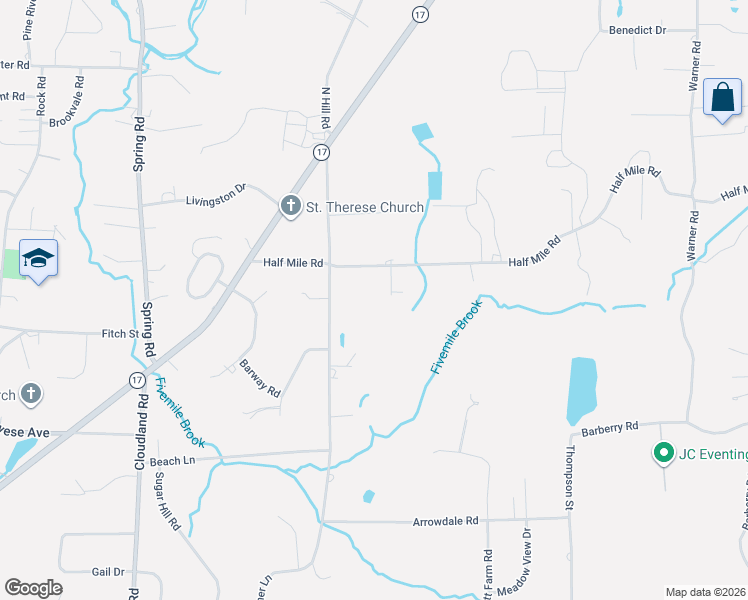 map of restaurants, bars, coffee shops, grocery stores, and more near 20 Half Mile Road in North Haven