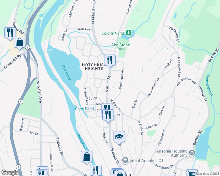 map of restaurants, bars, coffee shops, grocery stores, and more near 221 North Main Street in Ansonia