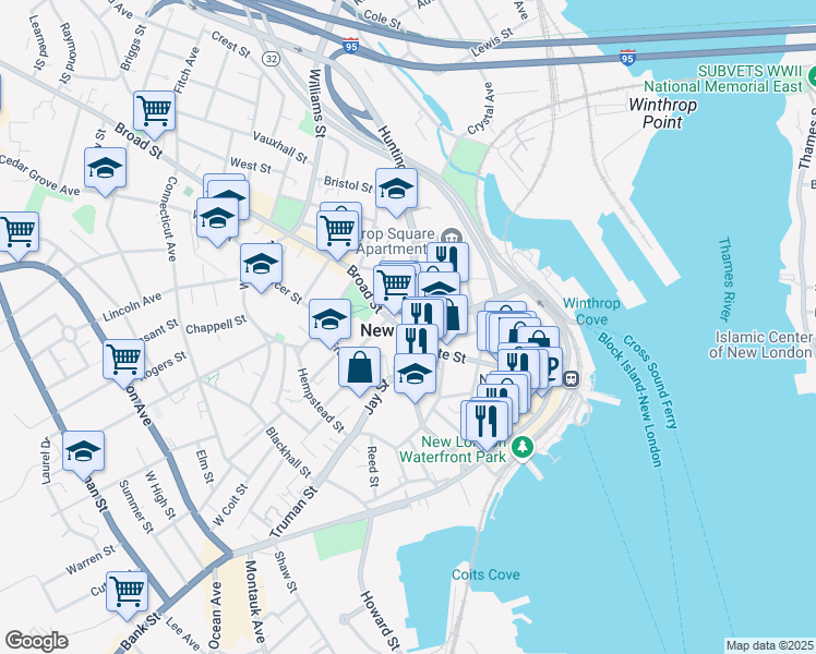 map of restaurants, bars, coffee shops, grocery stores, and more near 190 Governor Winthrop Boulevard in New London