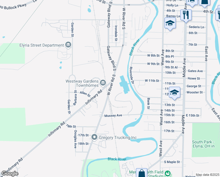 map of restaurants, bars, coffee shops, grocery stores, and more near 1180 West River Road South in Elyria