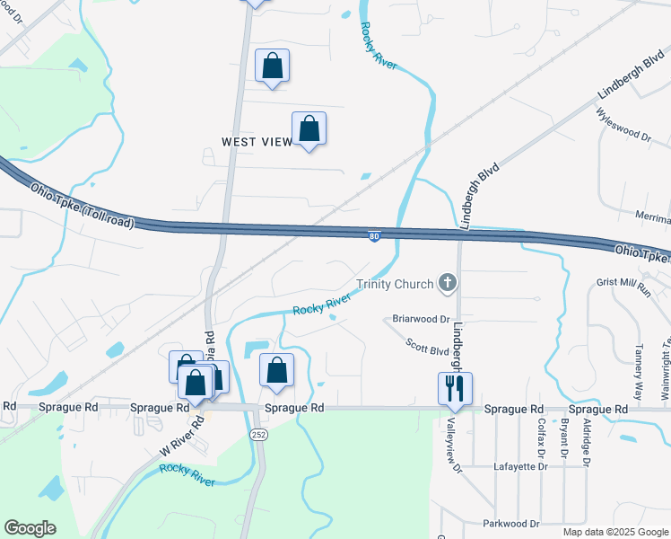 map of restaurants, bars, coffee shops, grocery stores, and more near 25353 Tyndall Falls Drive in Olmsted Falls