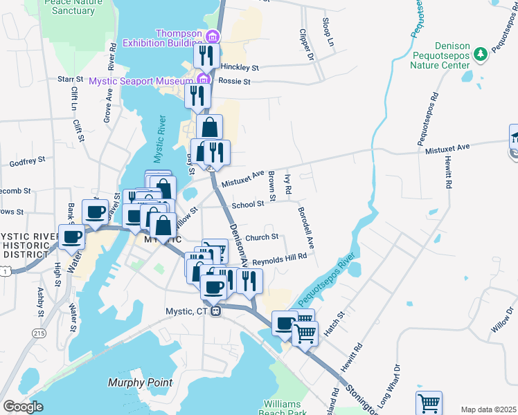 map of restaurants, bars, coffee shops, grocery stores, and more near 13 School Street in Stonington