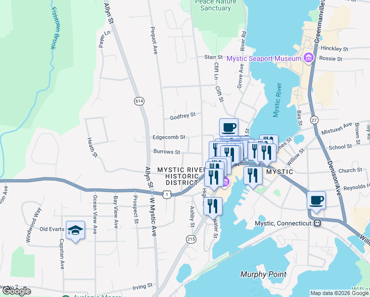 map of restaurants, bars, coffee shops, grocery stores, and more near 12 Burrows Street in Groton