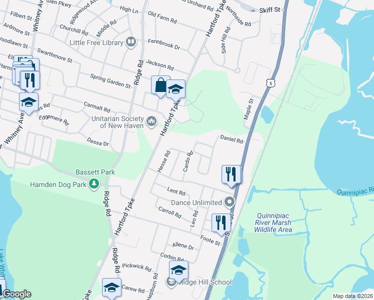 map of restaurants, bars, coffee shops, grocery stores, and more near 47 Dadio Road in Hamden