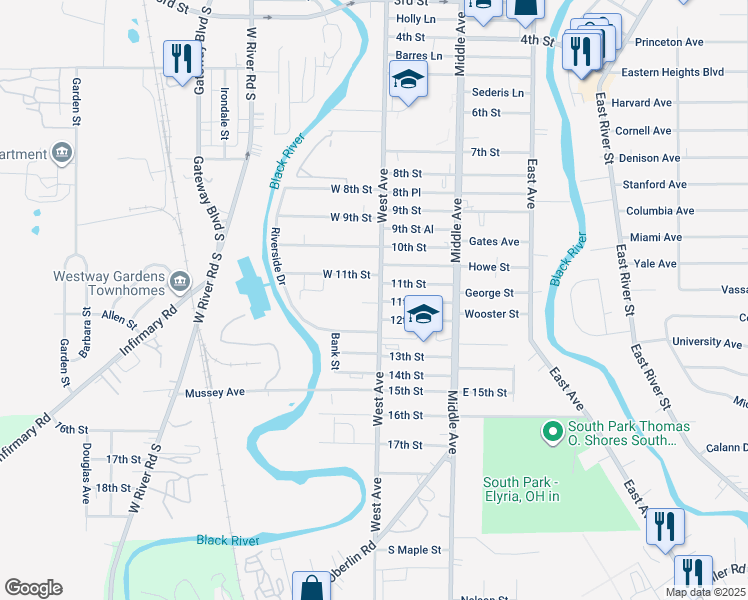 map of restaurants, bars, coffee shops, grocery stores, and more near 1125 West Avenue in Elyria