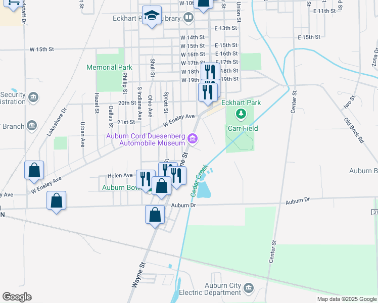 map of restaurants, bars, coffee shops, grocery stores, and more near 1600 Wayne Street in Auburn