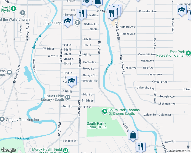map of restaurants, bars, coffee shops, grocery stores, and more near 212 George Street in Elyria